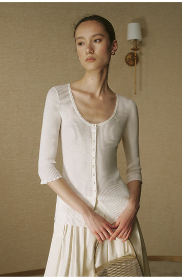 Wool Henley Knit Top Ivory White