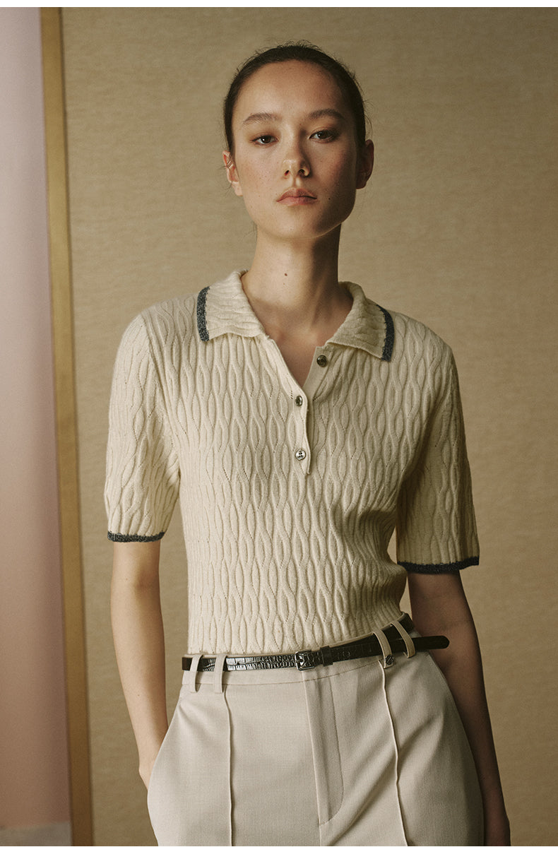 Silk Wool Cable Polo Dew White