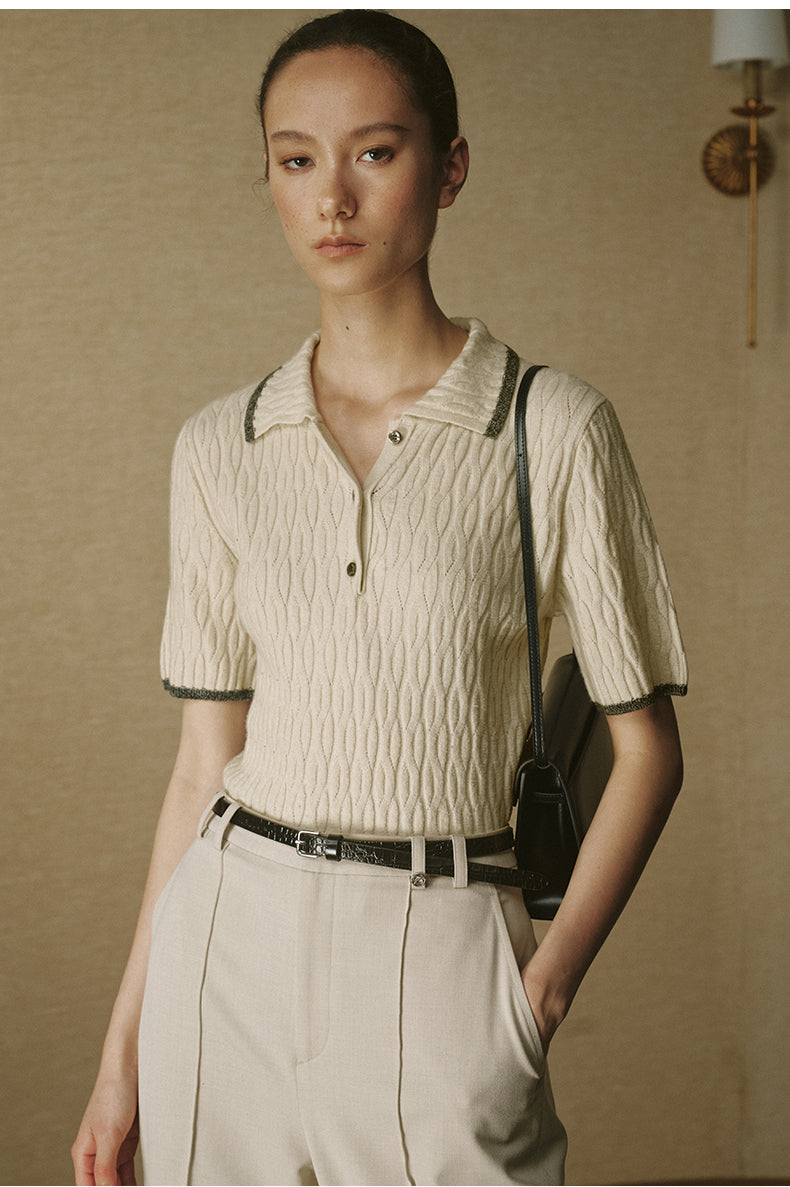 Silk Wool Cable Polo Dew White