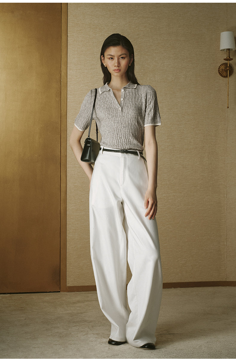 Silk Wool Cable Polo Flecked Grey