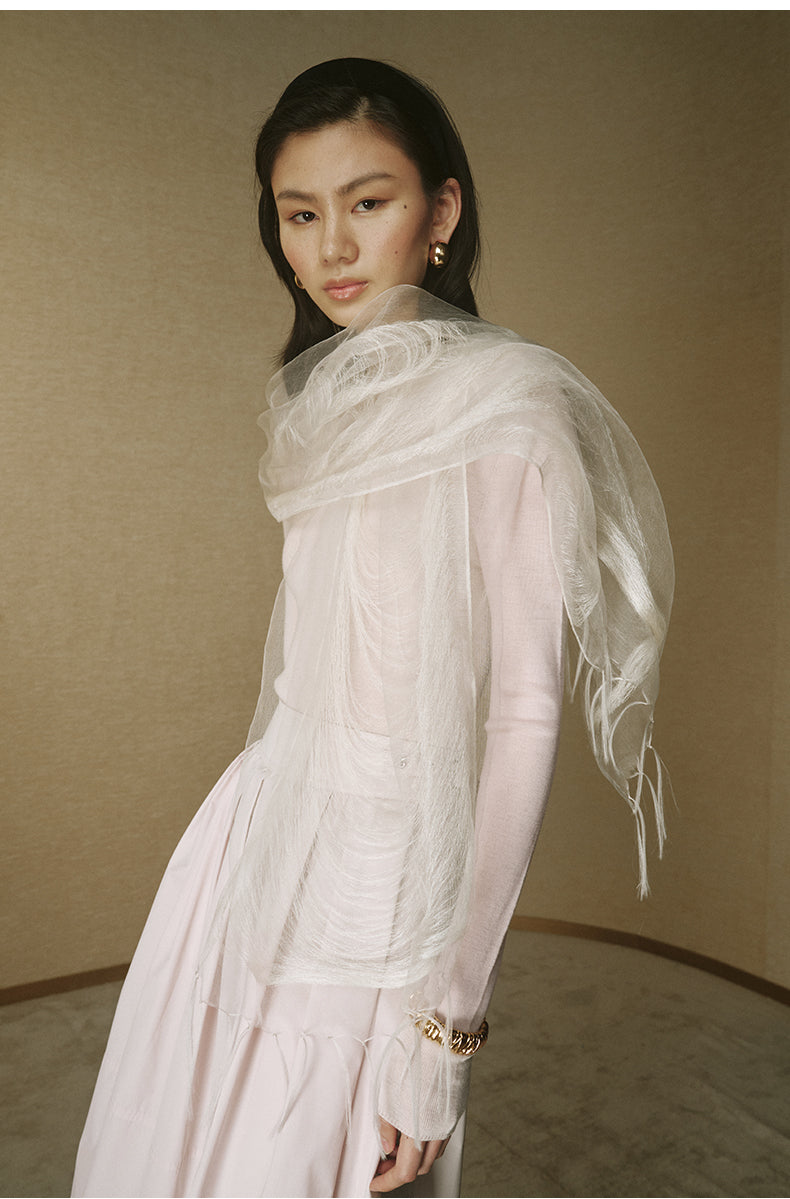 Fringed Silk Scarf Light Apricot Beige
