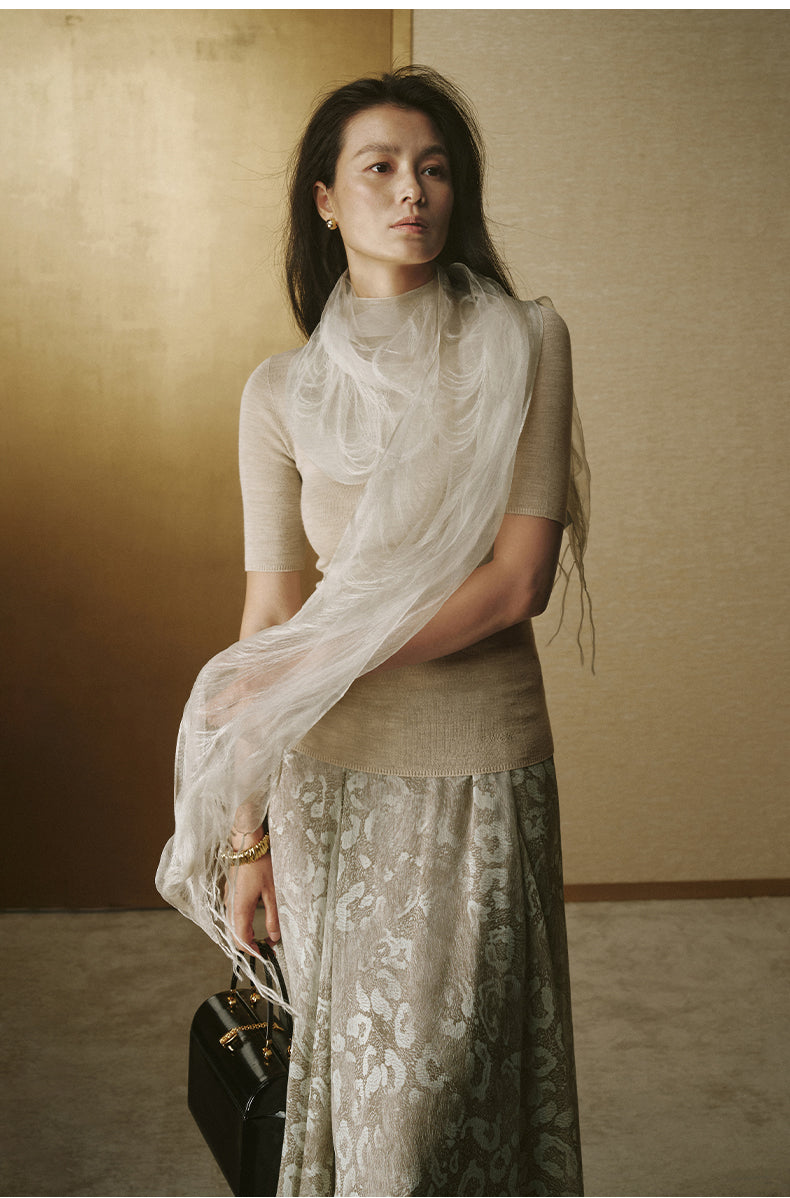 Fringed Silk Scarf Light Apricot Beige