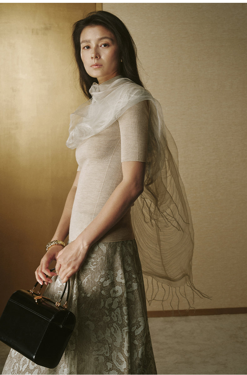 Fringed Silk Scarf Light Apricot Beige