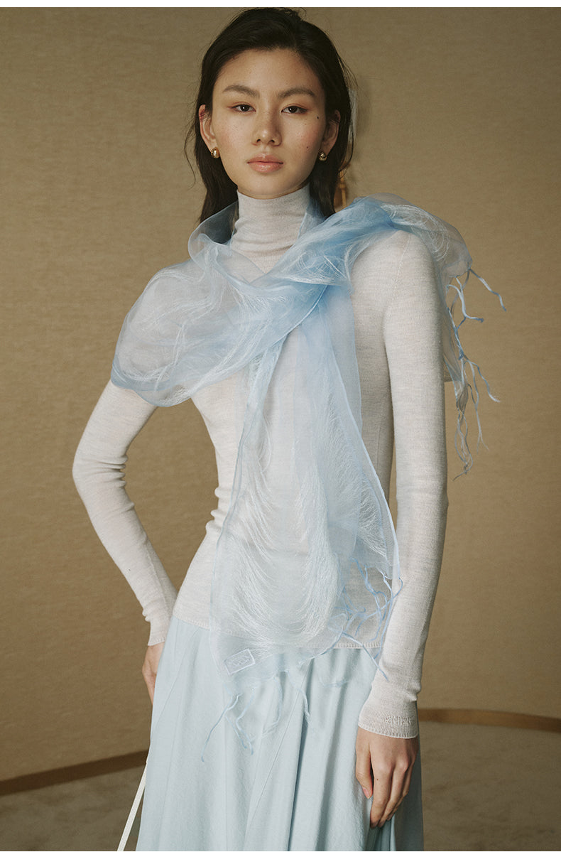 Fringed Silk Scarf Ice Melt Blue