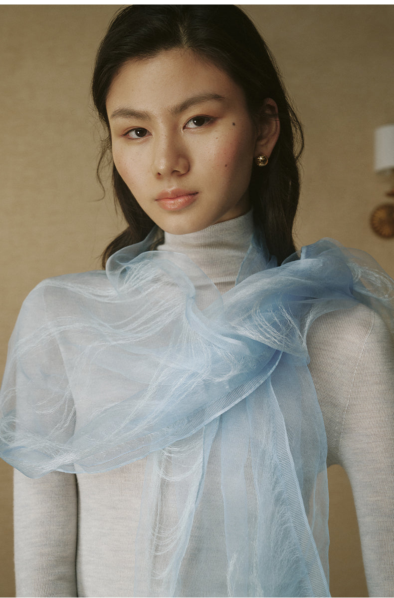 Fringed Silk Scarf Ice Melt Blue