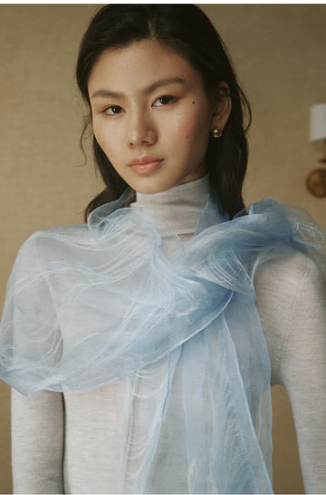 Fringed Silk Scarf Ice Melt Blue