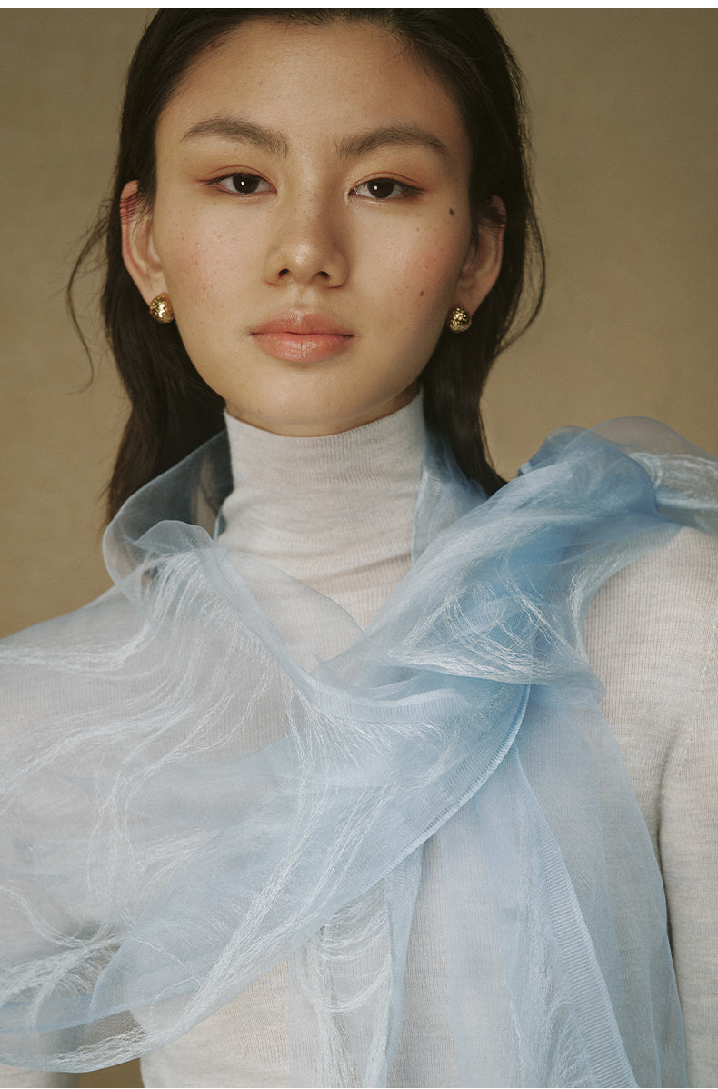 Fringed Silk Scarf Ice Melt Blue