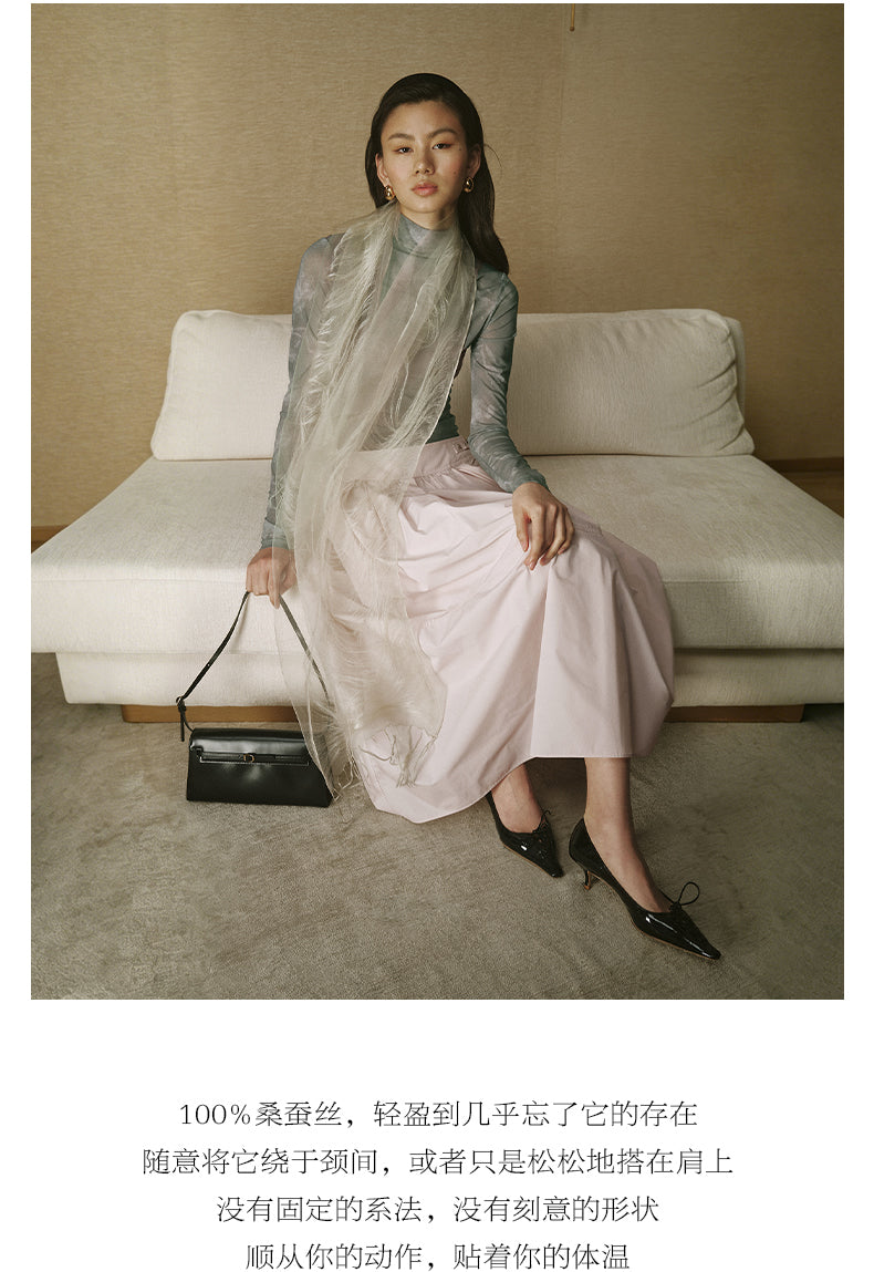 Fringed Silk Scarf Pine Smoke Grey