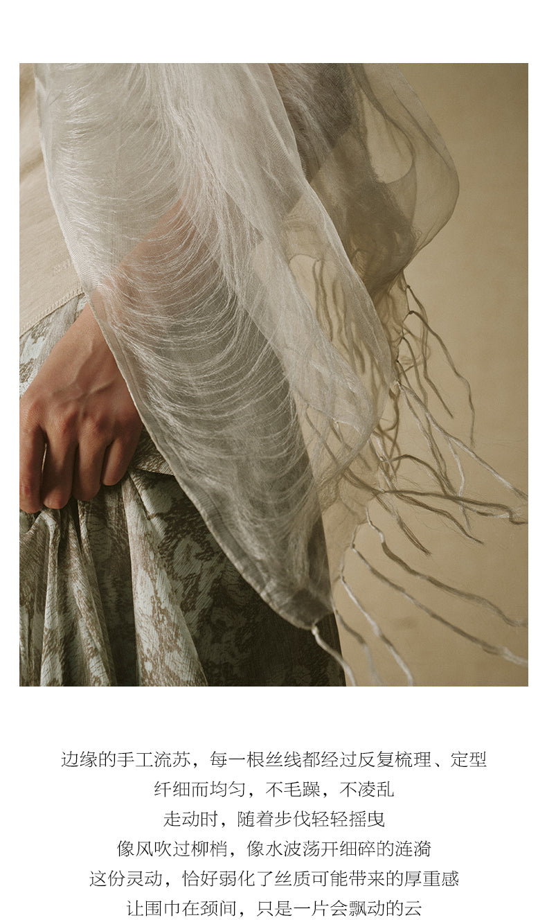 Fringed Silk Scarf Pine Smoke Grey