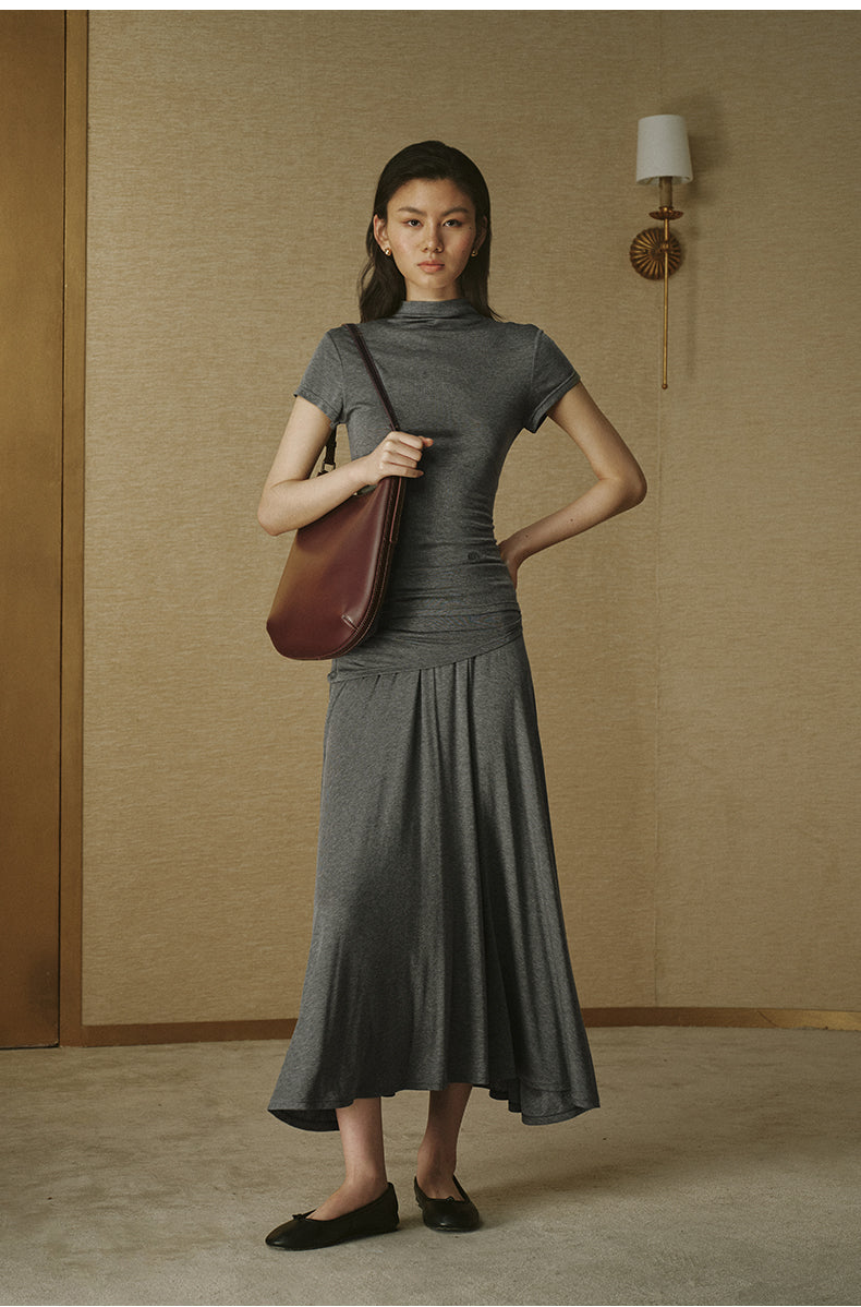 Wool Tencel Flared Skirt Mixed Grey