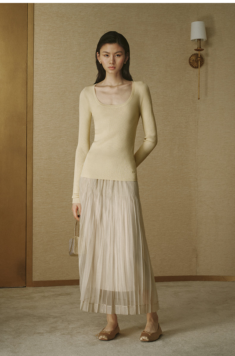 Pleated Mesh Midi Skirt Almond Beige