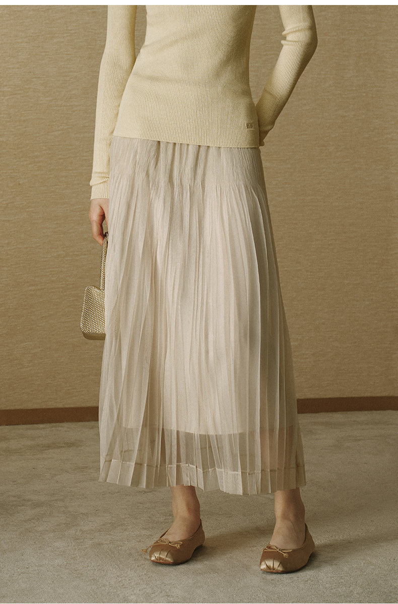 Pleated Mesh Midi Skirt Almond Beige