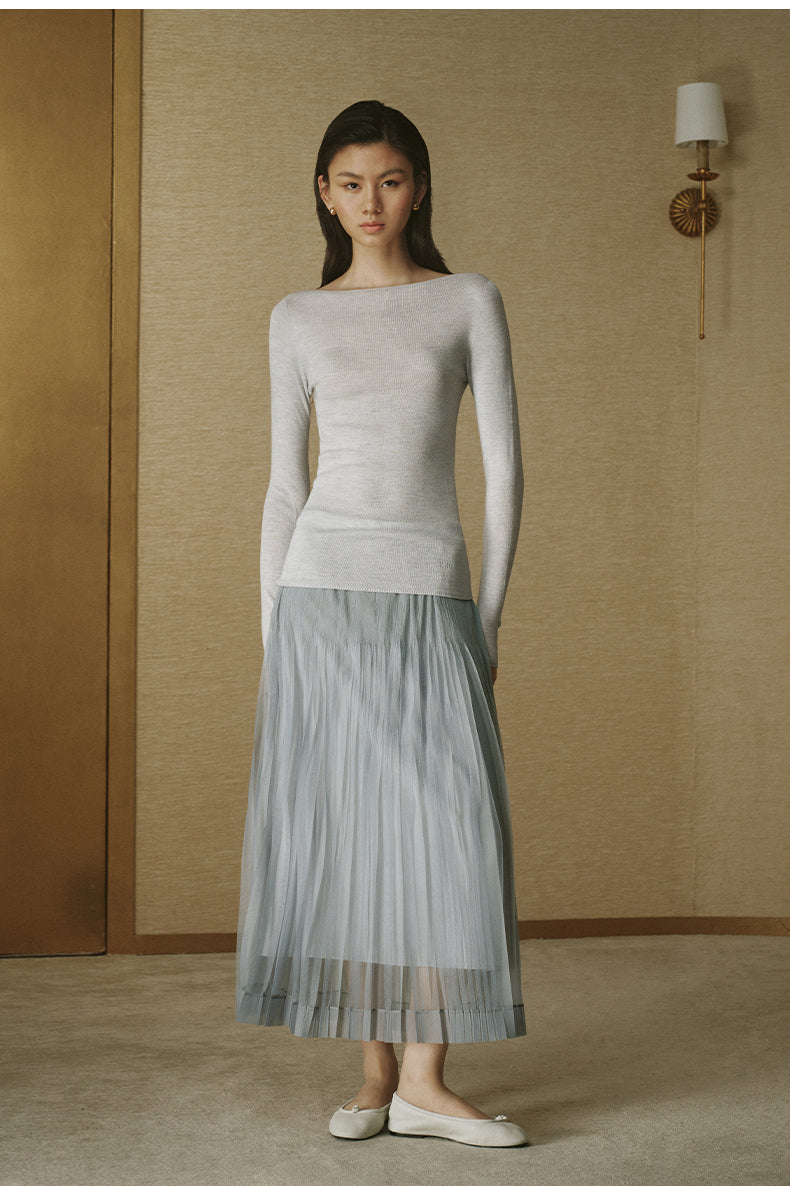 Pleated Mesh Midi Skirt Light Grey