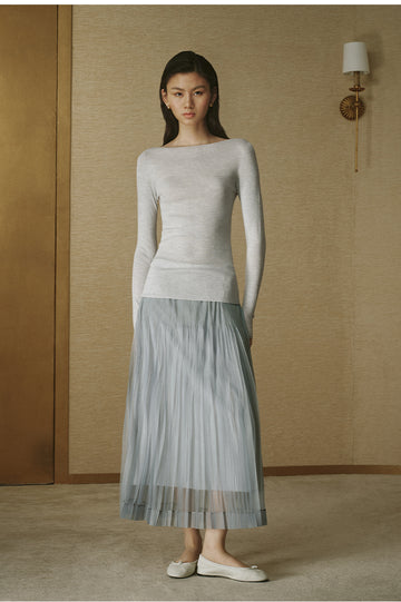 Pleated Mesh Midi Skirt Light Grey