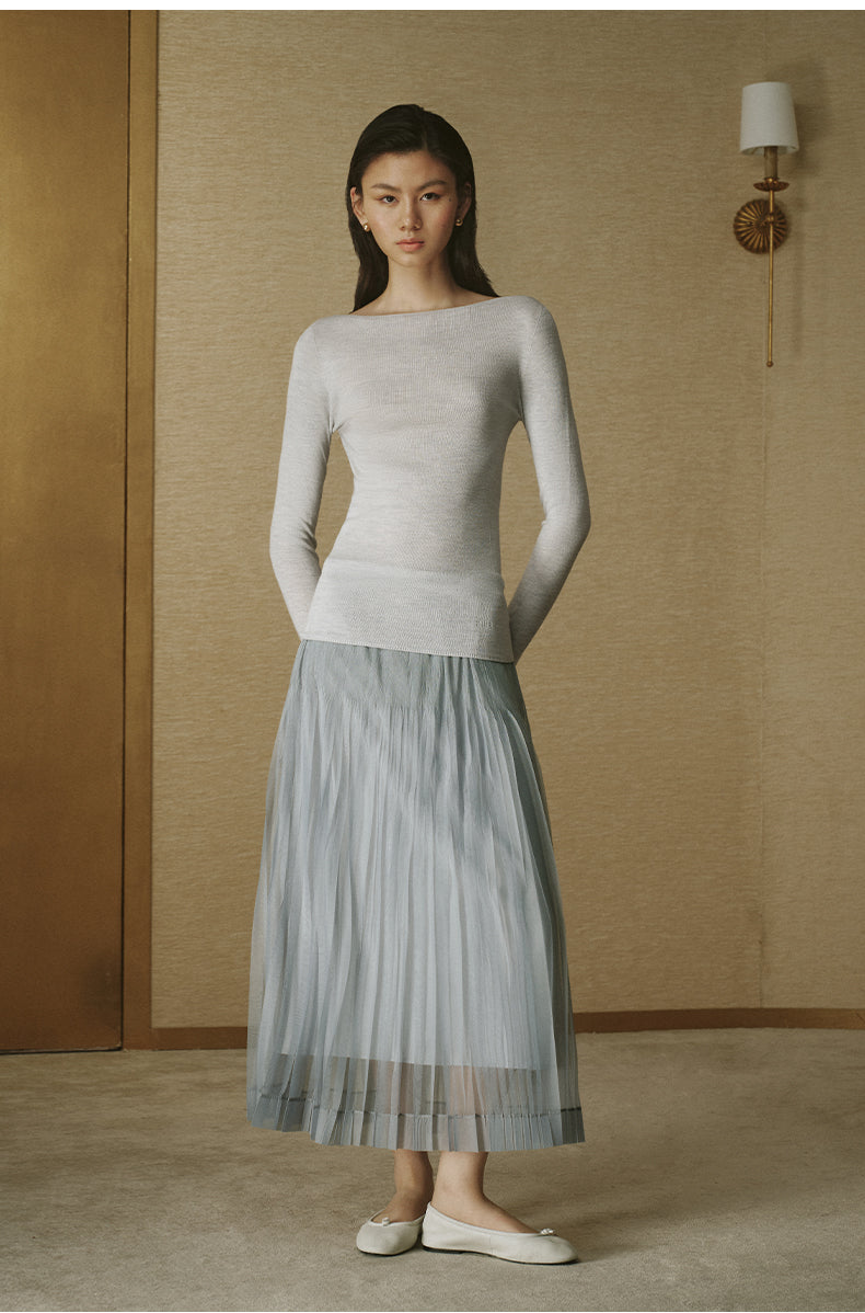 Pleated Mesh Midi Skirt Light Grey