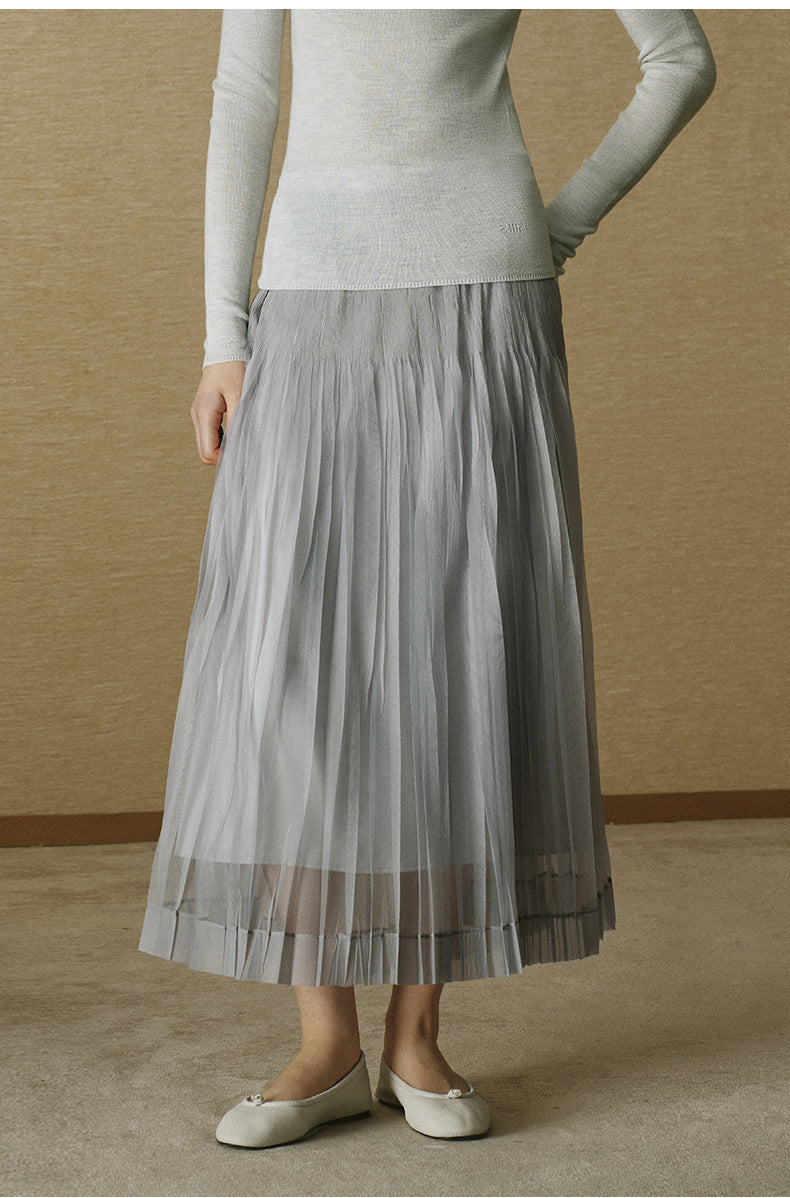 Pleated Mesh Midi Skirt Light Grey