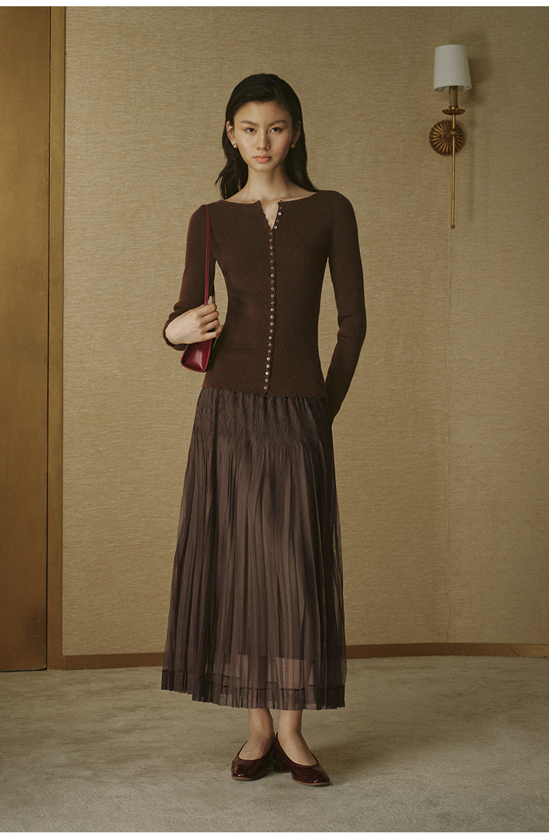 Pleated Mesh Midi Skirt Coffee Toffee