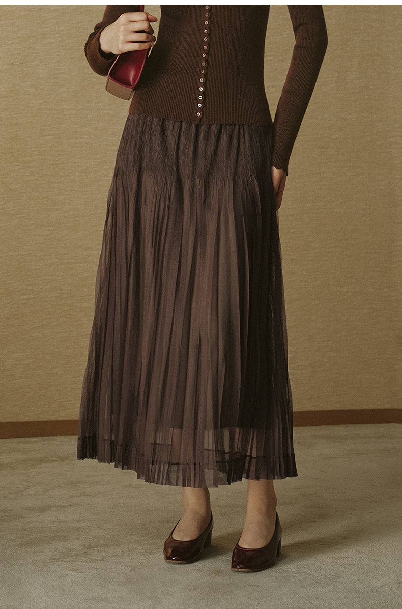 Pleated Mesh Midi Skirt Coffee Toffee