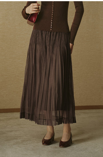 Pleated Mesh Midi Skirt Coffee Toffee