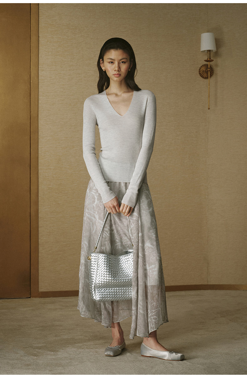 Crinkled Print Romantic Skirt Grey Blue Leopard