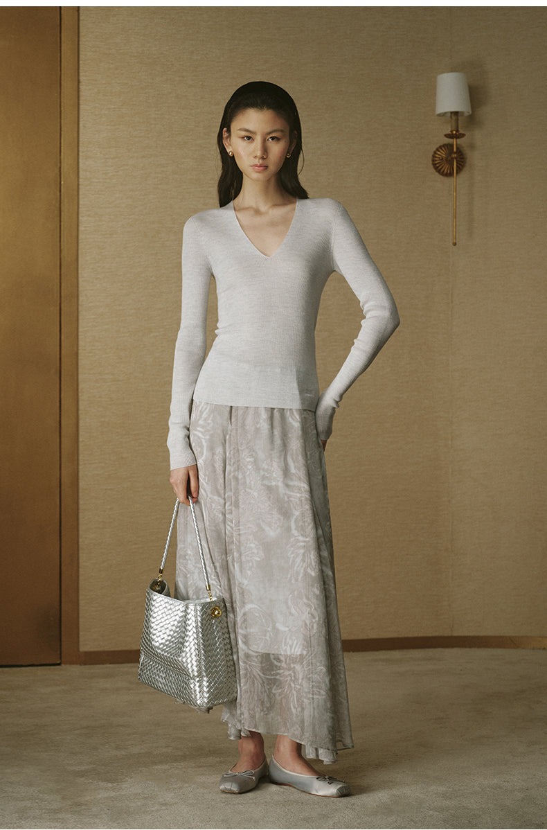 Crinkled Print Romantic Skirt Grey Blue Leopard