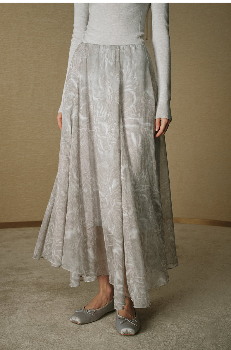Crinkled Print Romantic Skirt Grey Blue Leopard