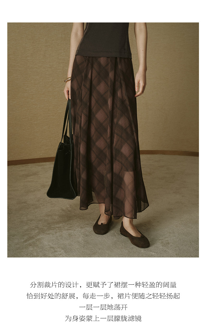 Crinkled Print Romantic Skirt Deep Coffee Check