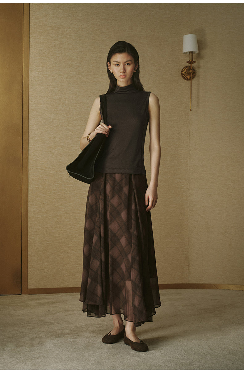 Crinkled Print Romantic Skirt Deep Coffee Check