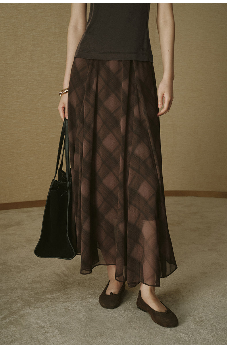 Crinkled Print Romantic Skirt Deep Coffee Check