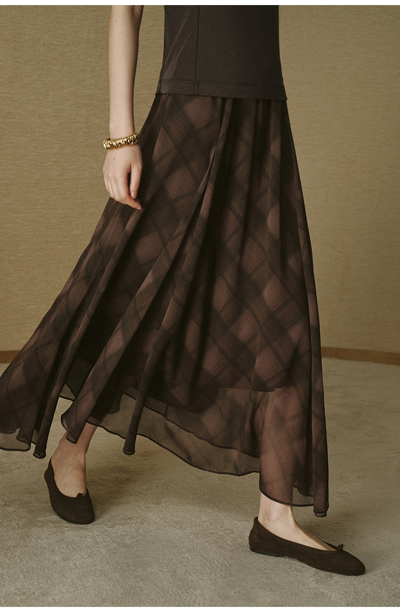Crinkled Print Romantic Skirt Deep Coffee Check
