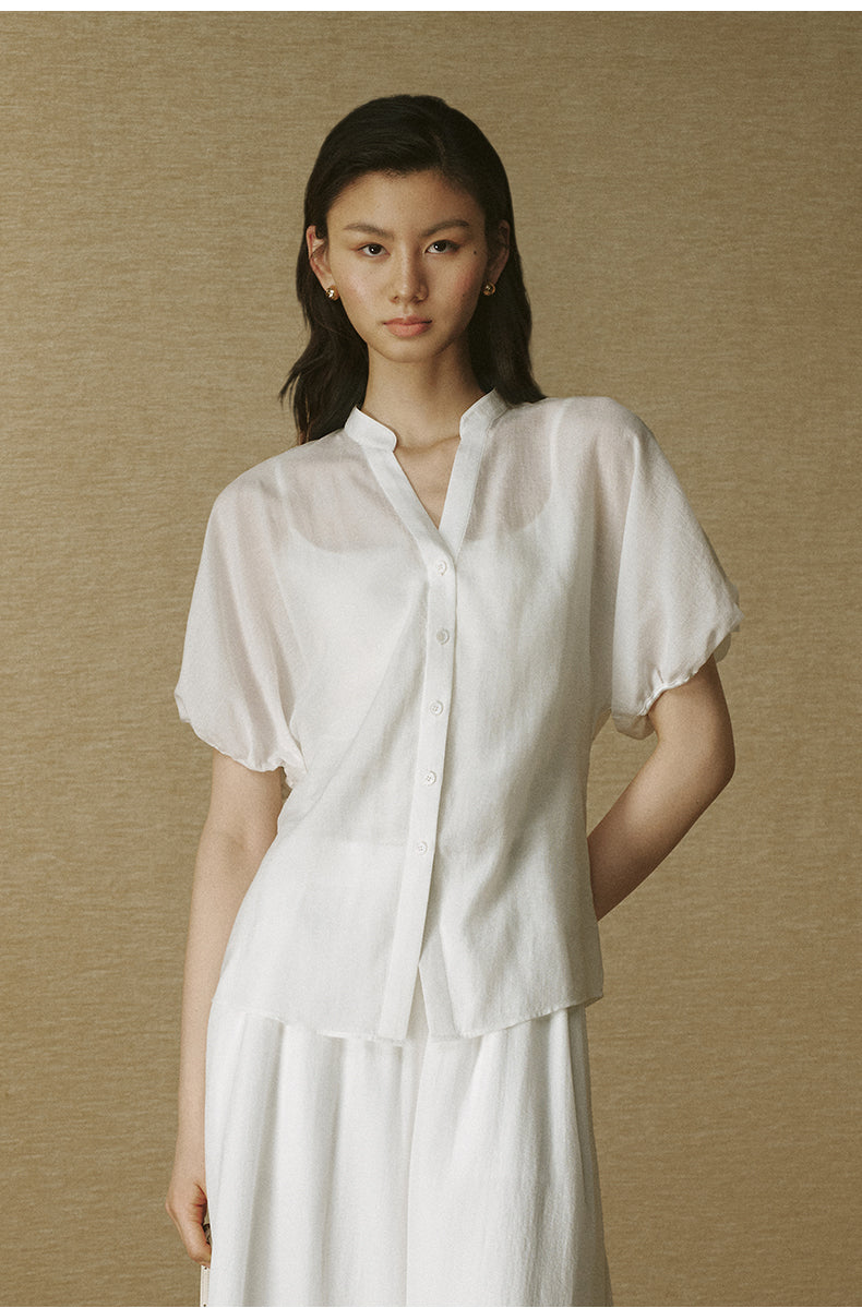 Organza Lantern Sleeve Shirt Ivory White