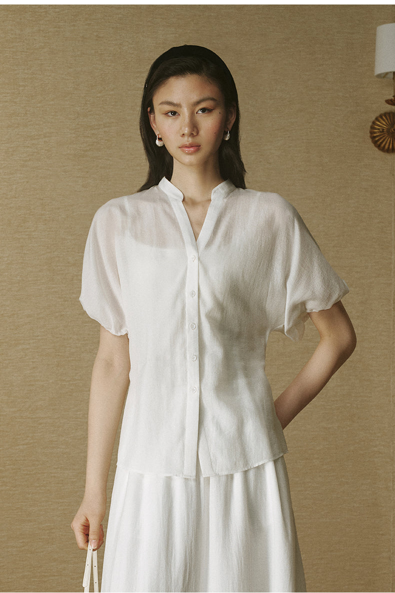 Organza Lantern Sleeve Shirt Ivory White
