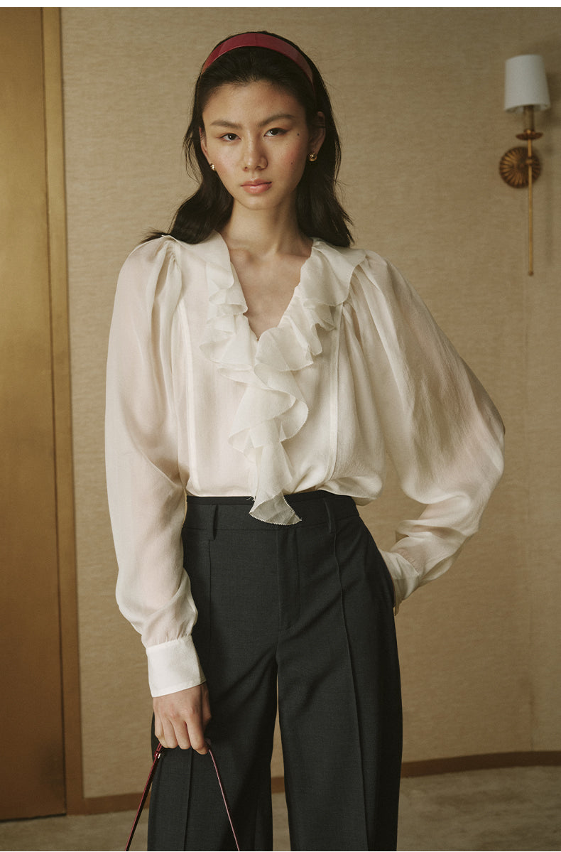 Crinkled Ruffle Sleeve Shirt Cream White