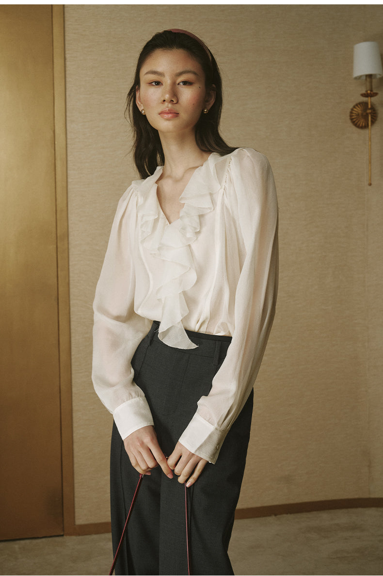 Crinkled Ruffle Sleeve Shirt Cream White