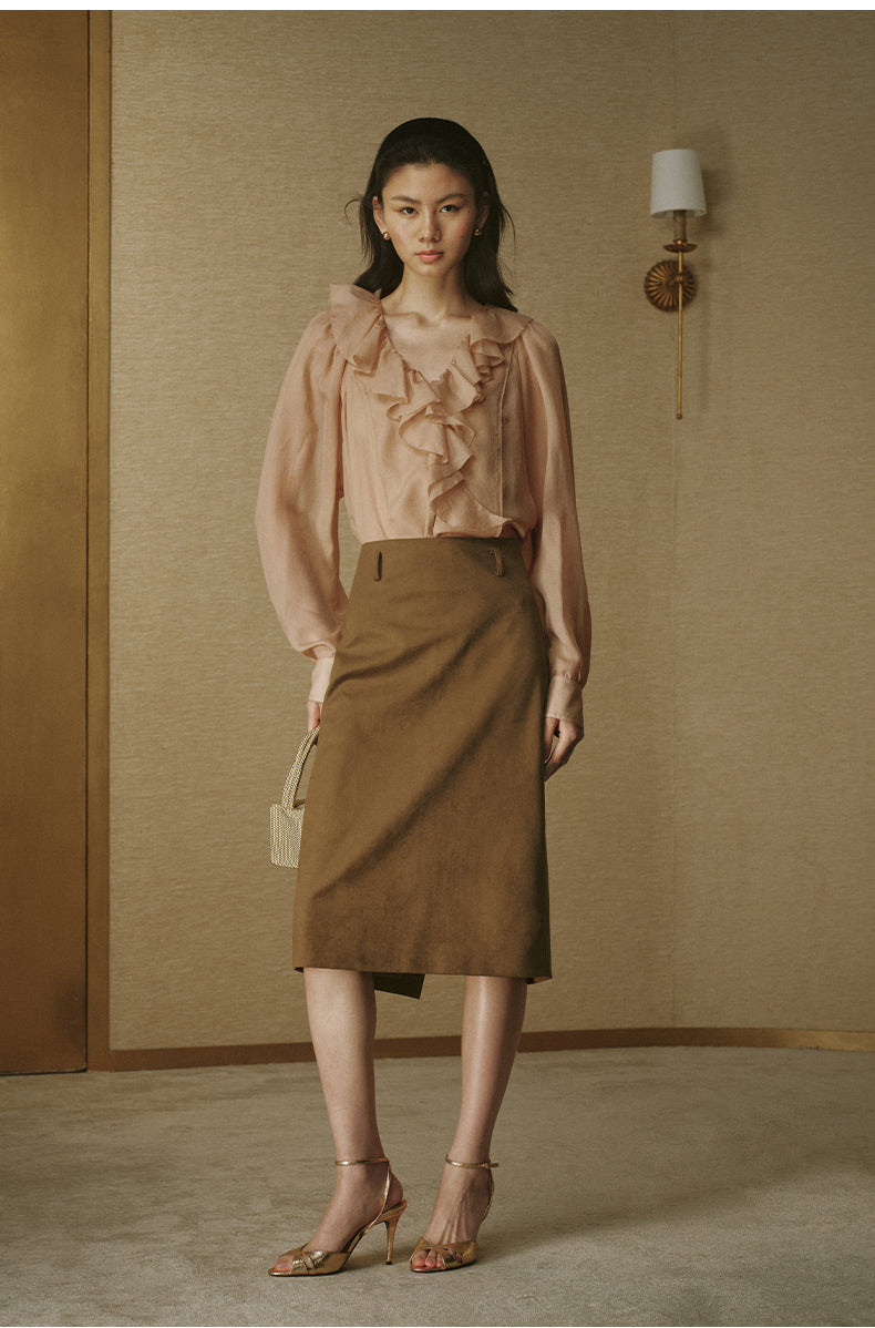 Crinkled Ruffle Sleeve Shirt Milk Tea Cocoa