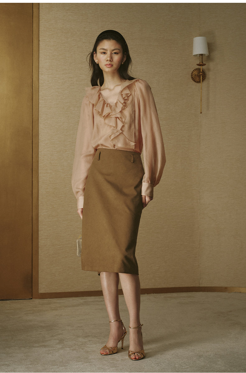 Crinkled Ruffle Sleeve Shirt Milk Tea Cocoa