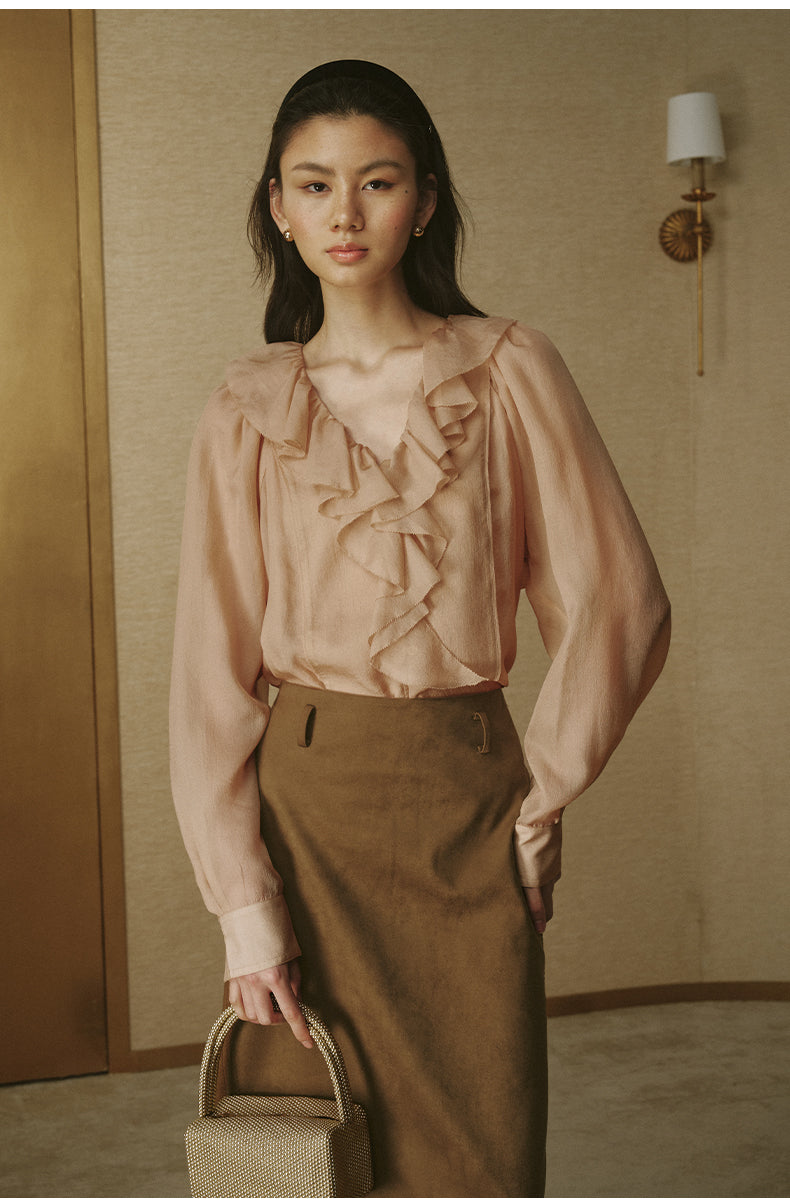 Crinkled Ruffle Sleeve Shirt Milk Tea Cocoa