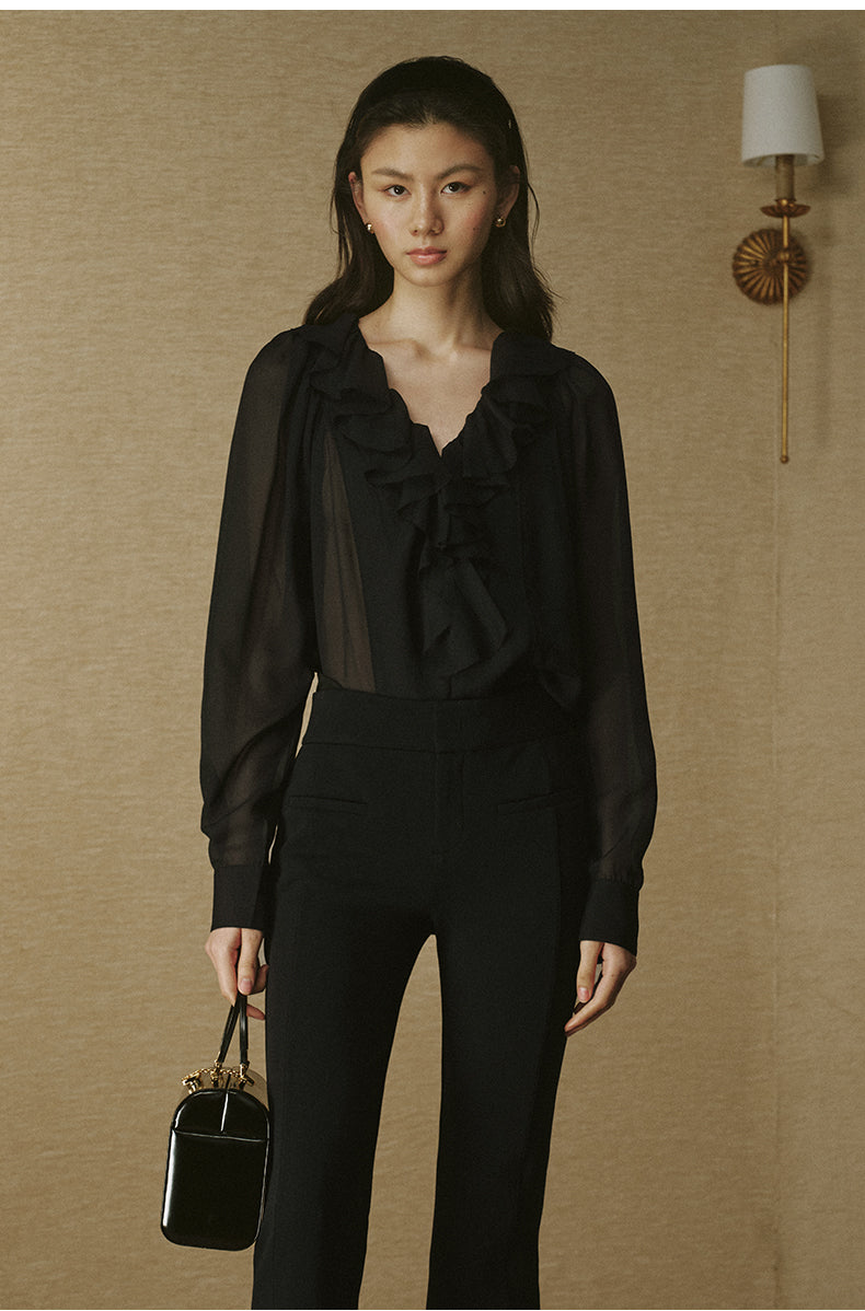 Crinkled Ruffle Sleeve Shirt Ink Black