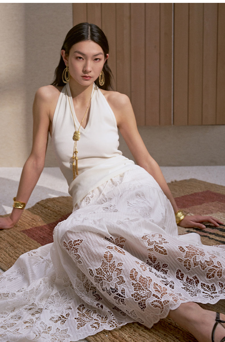 Embroidered Lace A-Line Skirt Ivory White