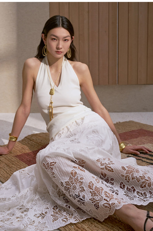 Embroidered Lace A-Line Skirt Ivory White
