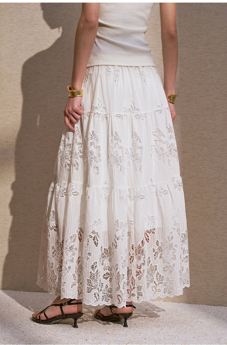 Embroidered Lace A-Line Skirt Ivory White