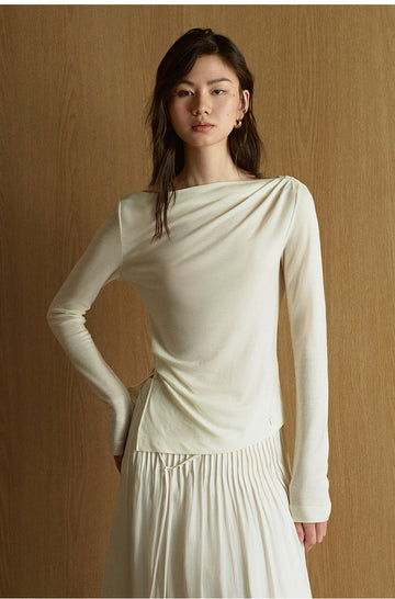 Wuyeti Draped Neck Wool Jersey Top in Ivory White - view 1