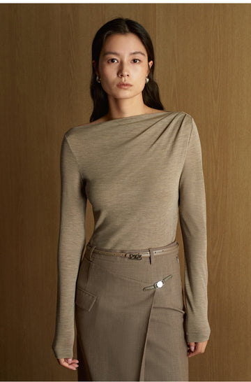 Wuyeti Draped Neck Wool Jersey Top in Almond Oat - view 3