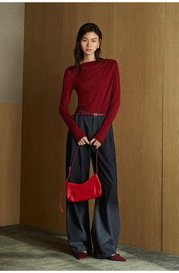Wuyeti Draped Neck Wool Jersey Top in Holiday Red - view 2