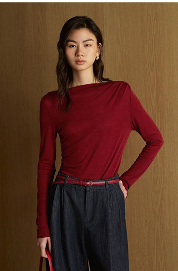 Wuyeti Draped Neck Wool Jersey Top in Holiday Red - view 3