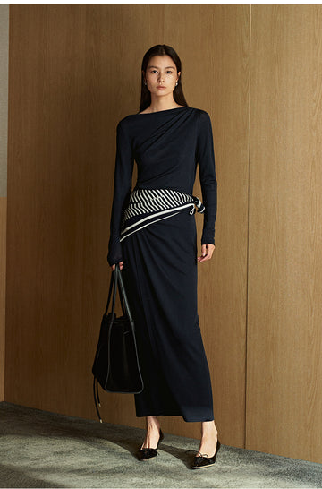 Wuyeti Draped Neck Wool Jersey Top in Ink Blue - view 1