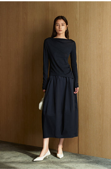 Wuyeti Draped Neck Wool Jersey Top in Ink Blue - view 2