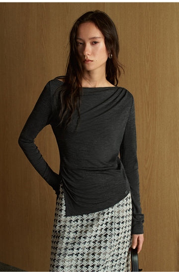 Wuyeti Draped Neck Wool Jersey Top in Night Grey - view 1