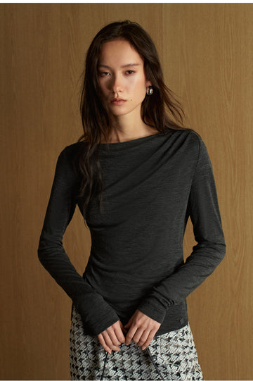 Wuyeti Draped Neck Wool Jersey Top in Night Grey - view 2