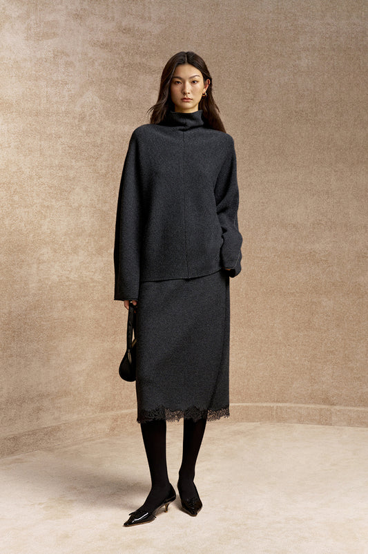 Gu Xiang Man Lace-Hem Wool Skirt - Deep Smoky Grey